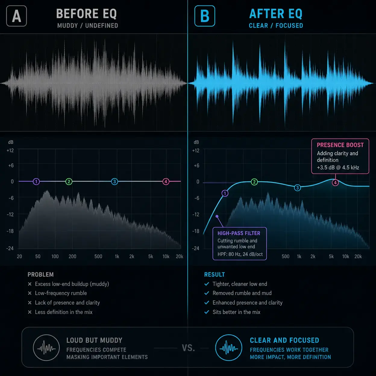 Before and after vocal EQ view showing high-pass cleanup and presence boost for clearer podcast speech.