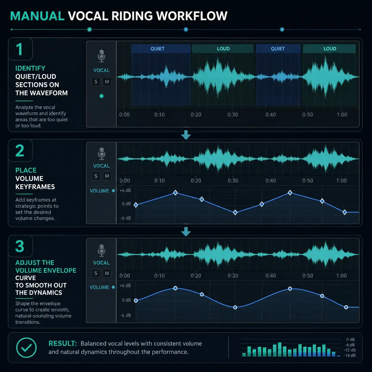 Manual vocal riding workflow showing volume automation keyframes to smooth quiet and loud speech sections.