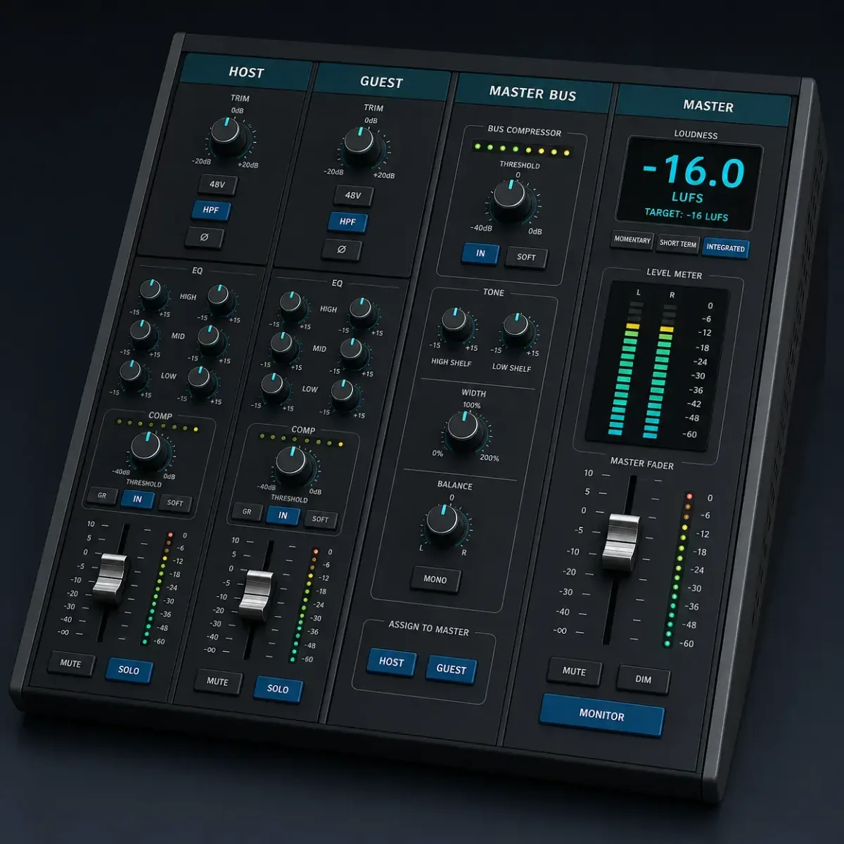 Podcast mixing console view with loudness metering and final LUFS target normalization on the master chain.