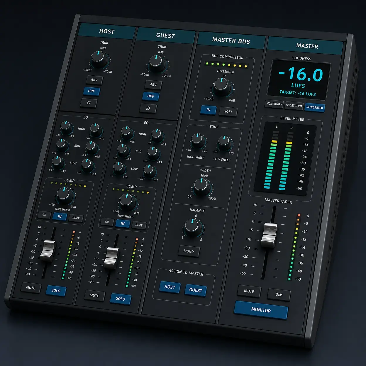 Podcast mixing console view with loudness metering and final LUFS target normalization on the master chain.