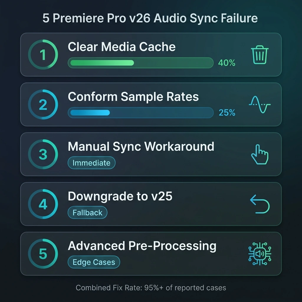 Priority order and success rate guide for Premiere Pro v26 audio sync fixes.