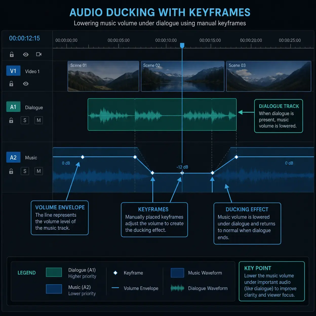 Manual ducking keyframes in Premiere Pro showing smooth music dips around spoken dialogue.