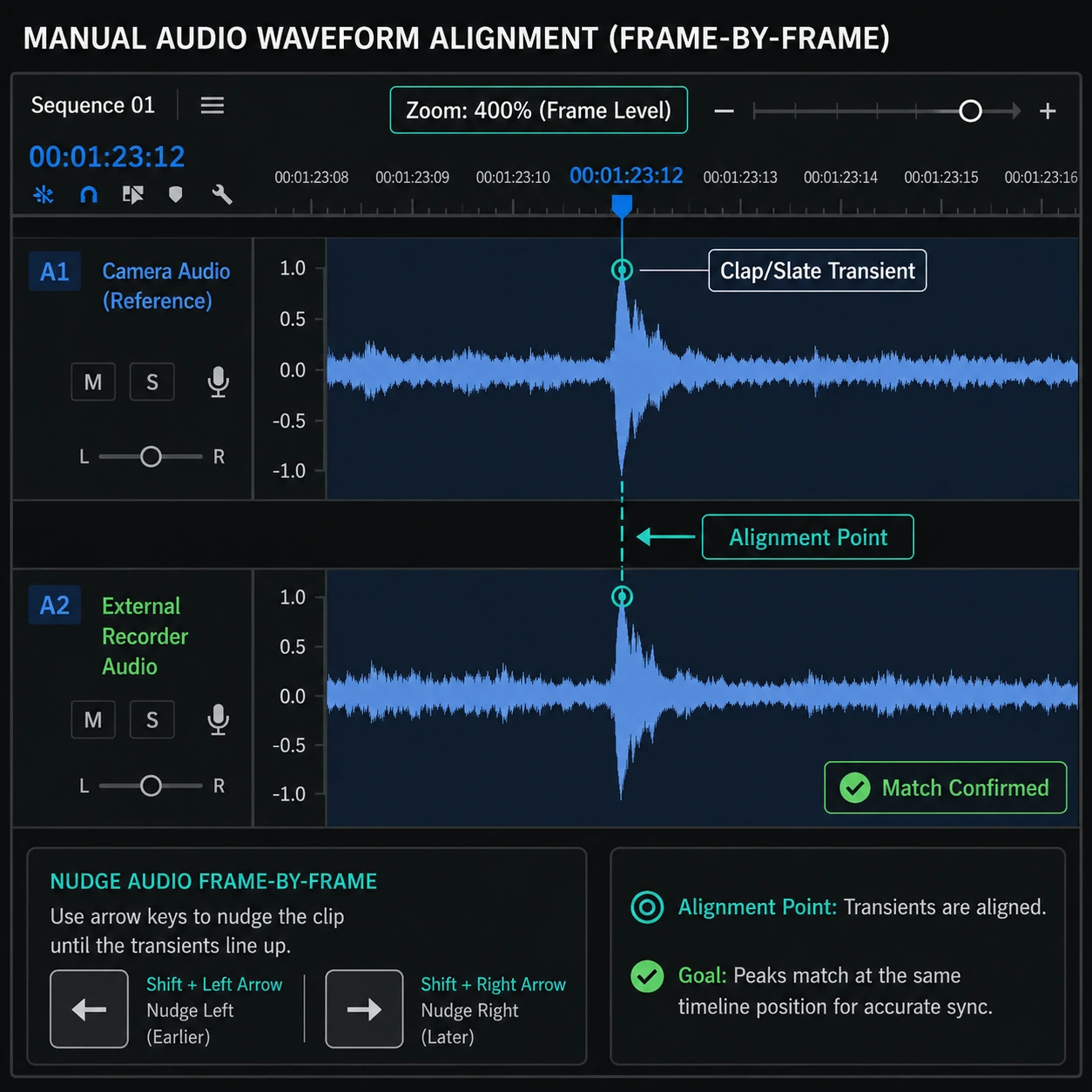 Manual waveform alignment on Premiere timeline for accurate clap transient matching.