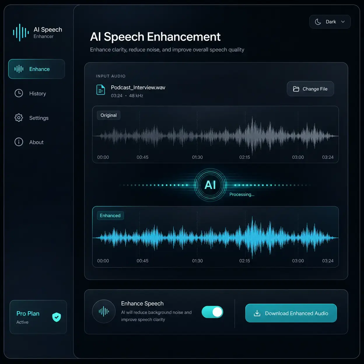Adobe Podcast Enhance Speech interface used for pre-cleaning dialogue before importing into Premiere Pro.