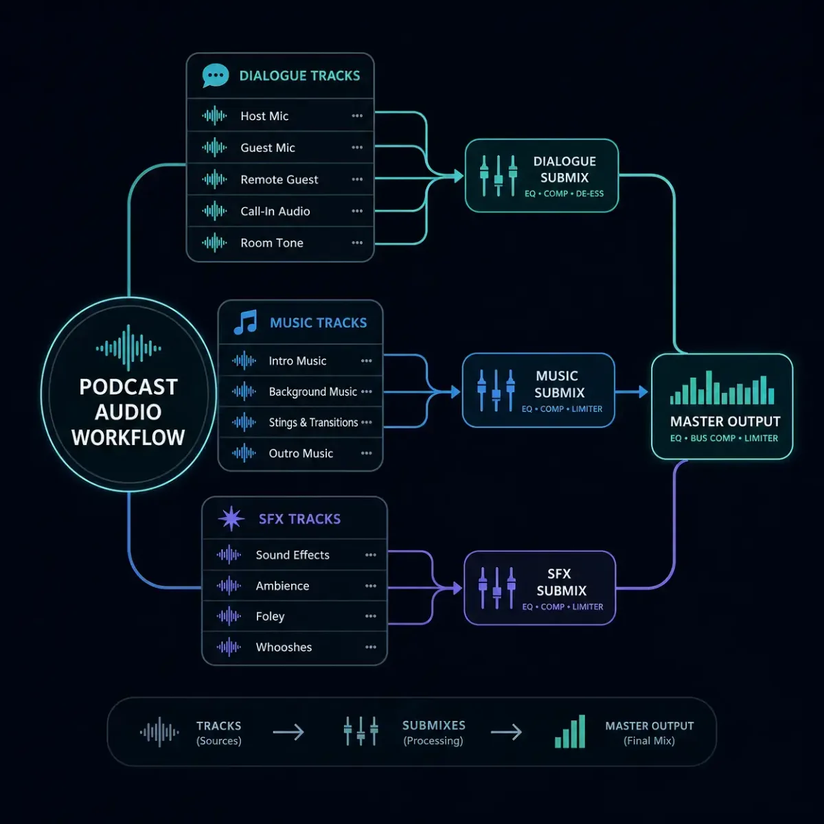 Podcast audio workflow mind map showing submix routing for dialogue, music, and sound effects in Premiere Pro.