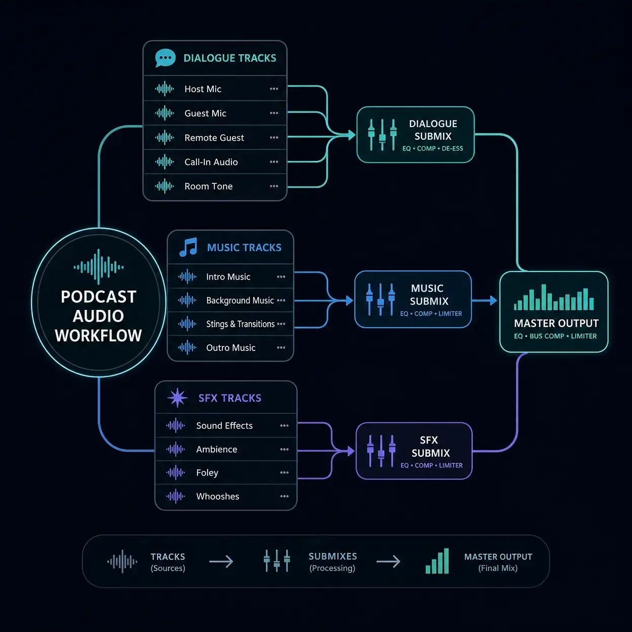 Podcast audio workflow mind map showing submix routing for dialogue, music, and sound effects in Premiere Pro.