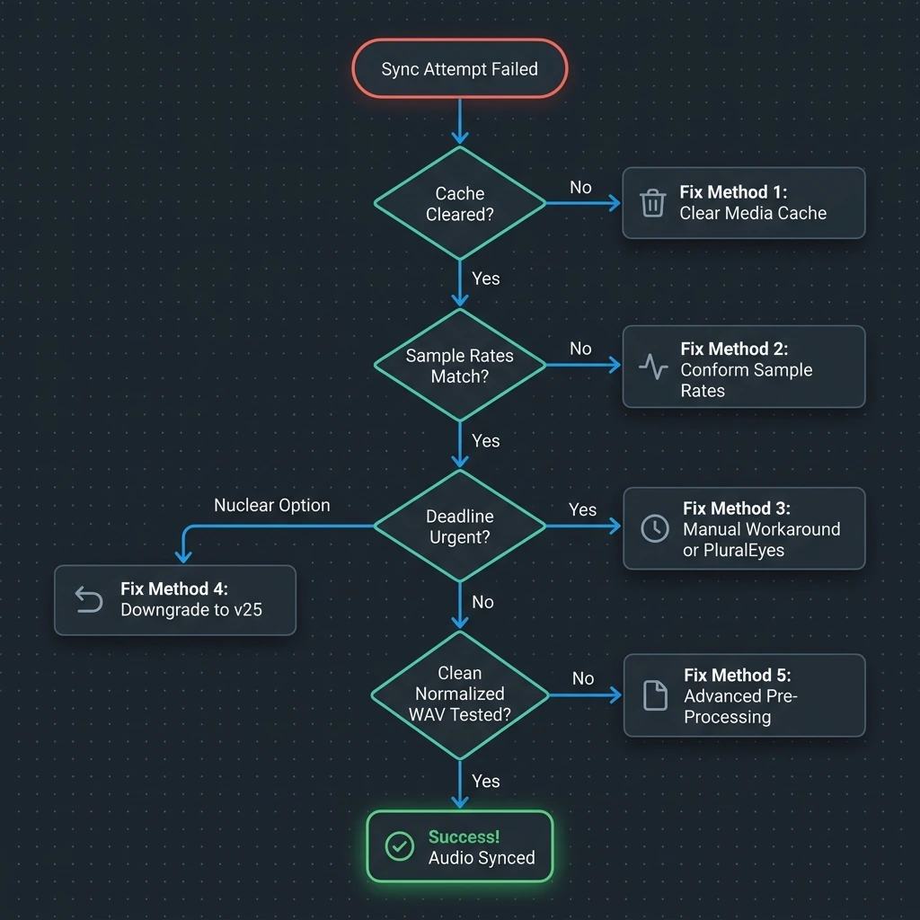 Decision tree for diagnosing Audio Synchronize Failure in Premiere Pro v26.
