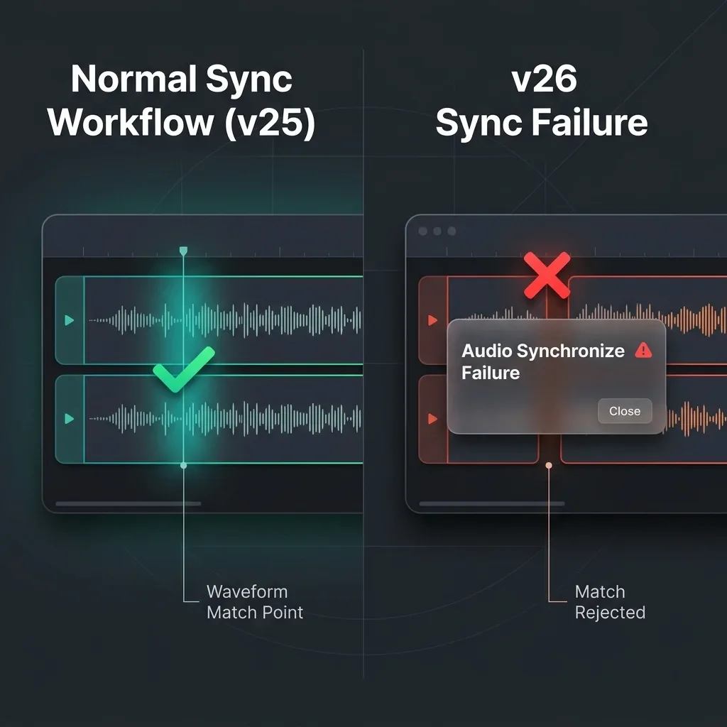 Premiere Pro v26 Audio Synchronize Failure error message with normal sync workflow comparison.