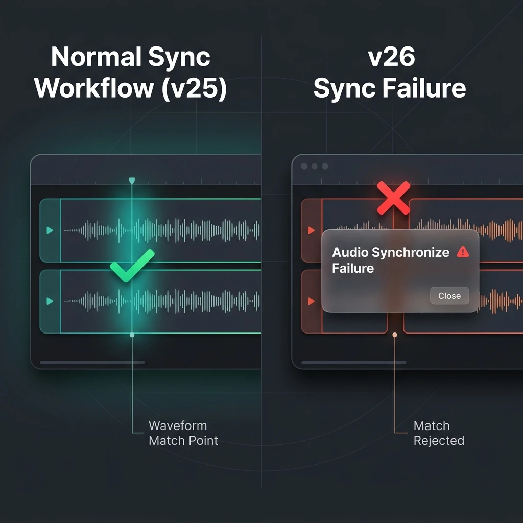 Premiere Pro v26 Audio Synchronize Failure error message with normal sync workflow comparison.