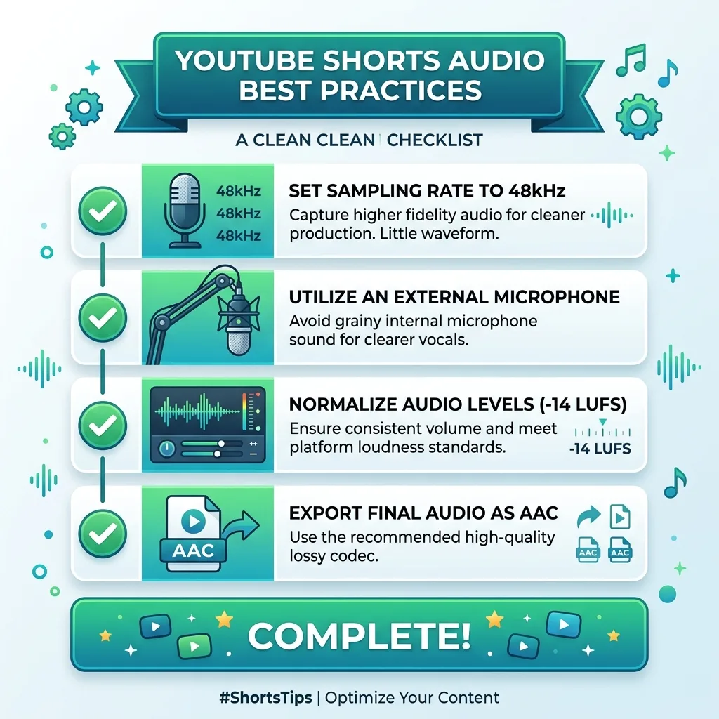Checklist infographic for YouTube Shorts audio best practices in 2026.