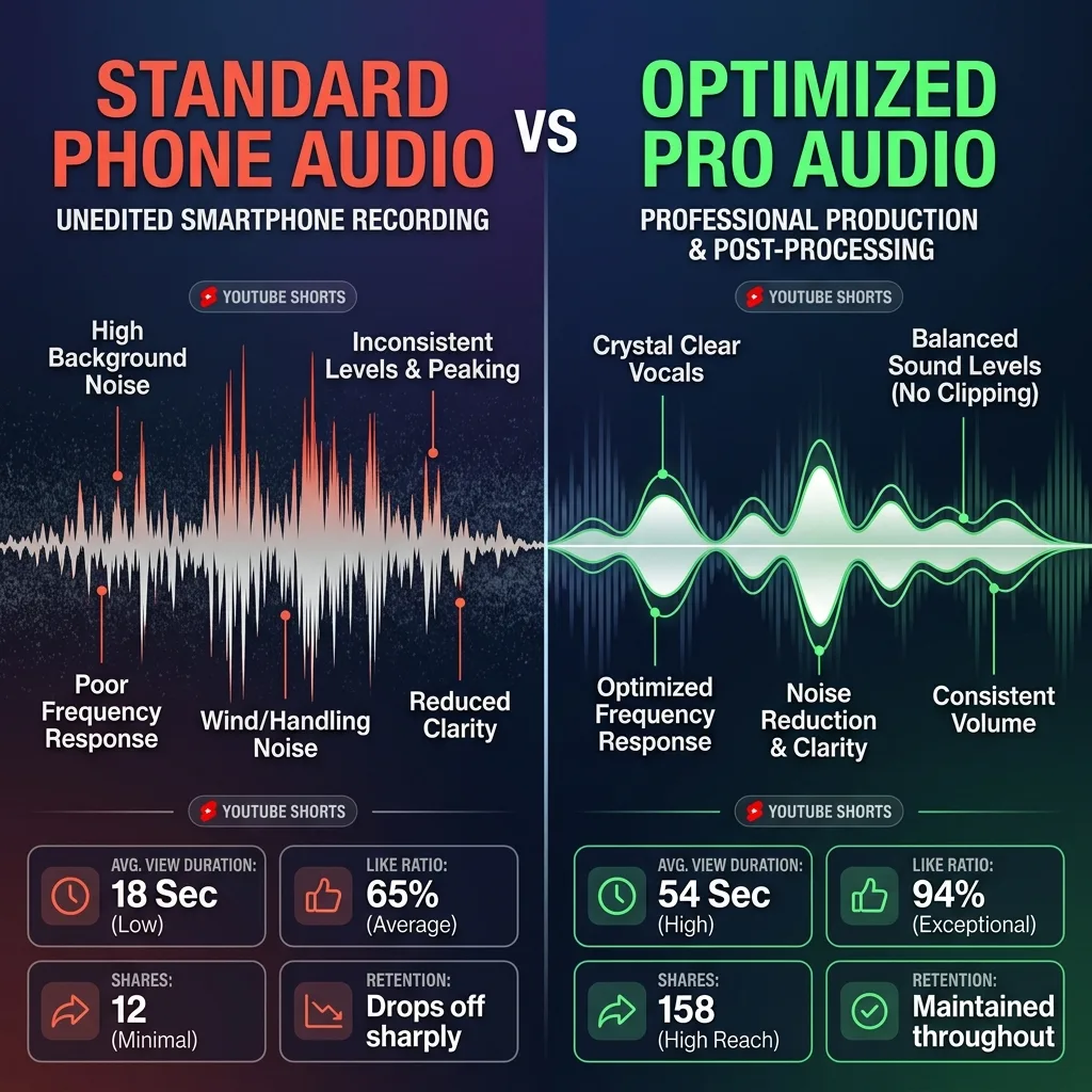 Comparison infographic showing phone default audio vs optimized professional audio for YouTube Shorts in 2026.