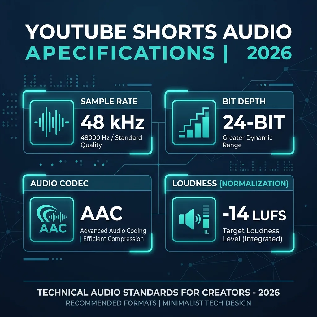 Labeled diagram of technical audio specifications for YouTube Shorts in 2026.