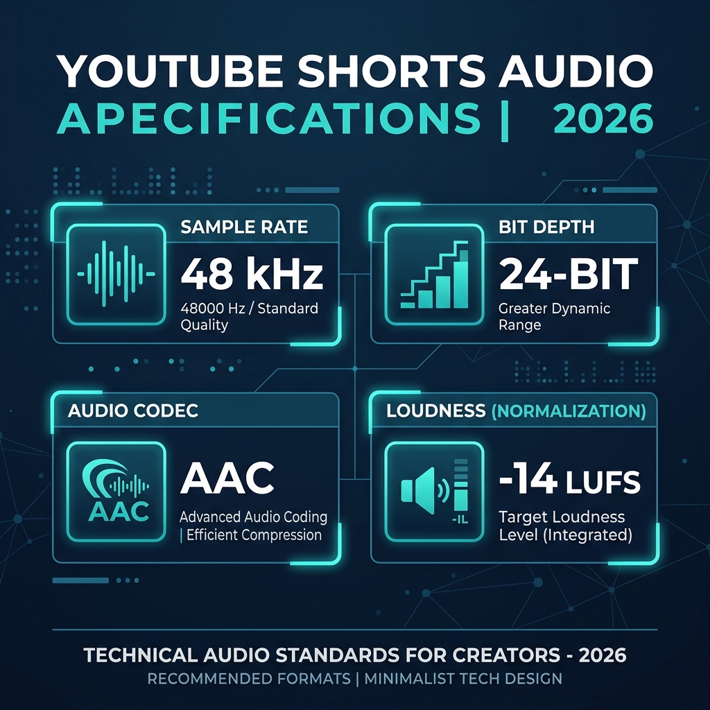 Labeled diagram of technical audio specifications for YouTube Shorts in 2026.