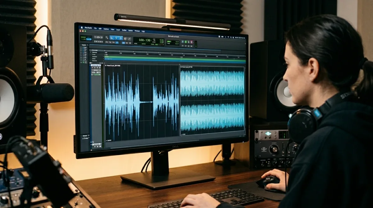 Before and after audio waveform comparison showing professional silence removal with preserved natural speech patterns