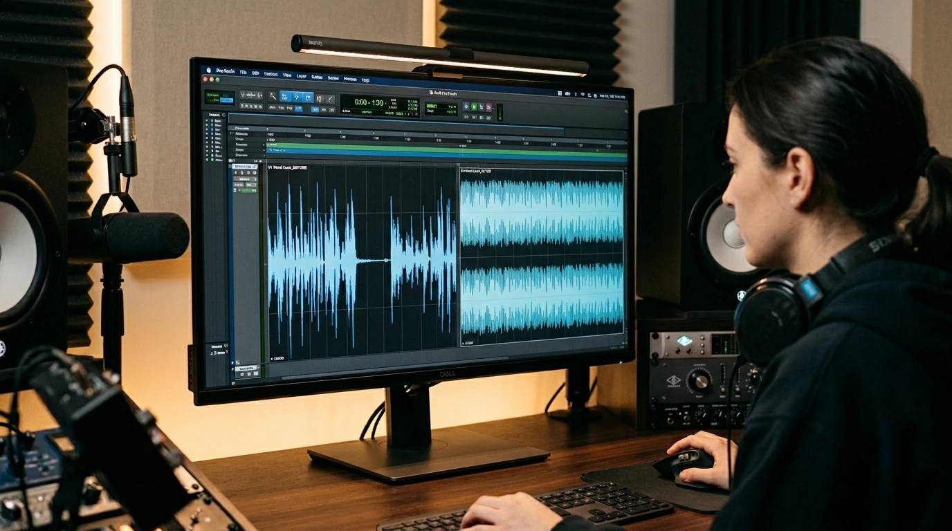 Before and after audio waveform comparison showing professional silence removal with preserved natural speech patterns