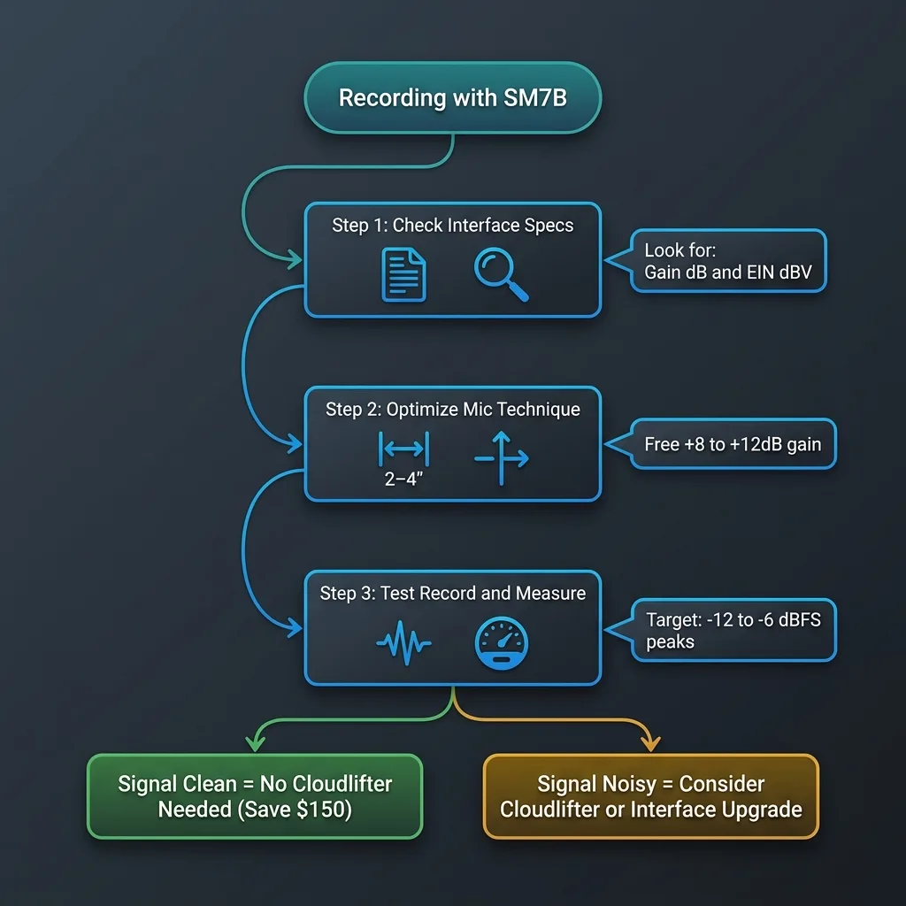 Shure SM7B recording setup flowchart showing signal chain decisions for different scenarios.