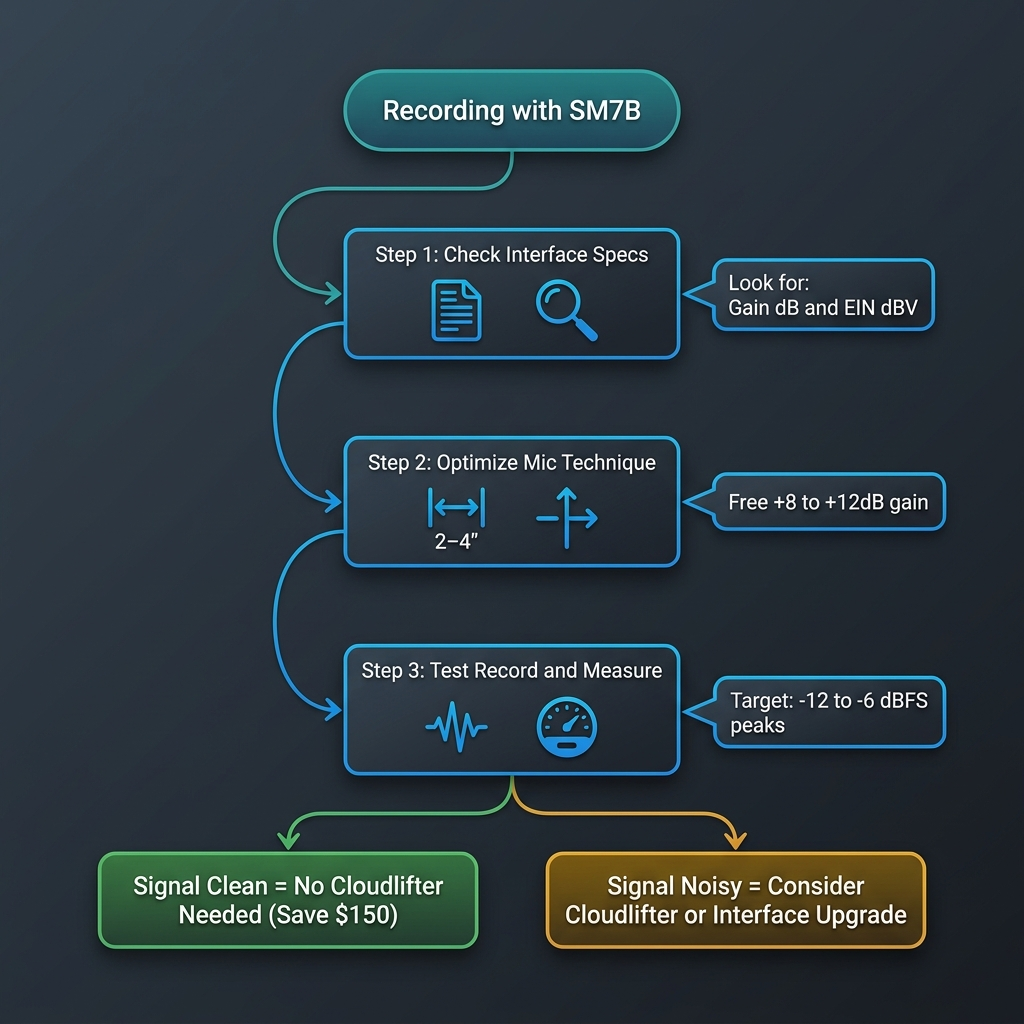 Shure SM7B recording setup flowchart showing signal chain decisions for different scenarios.