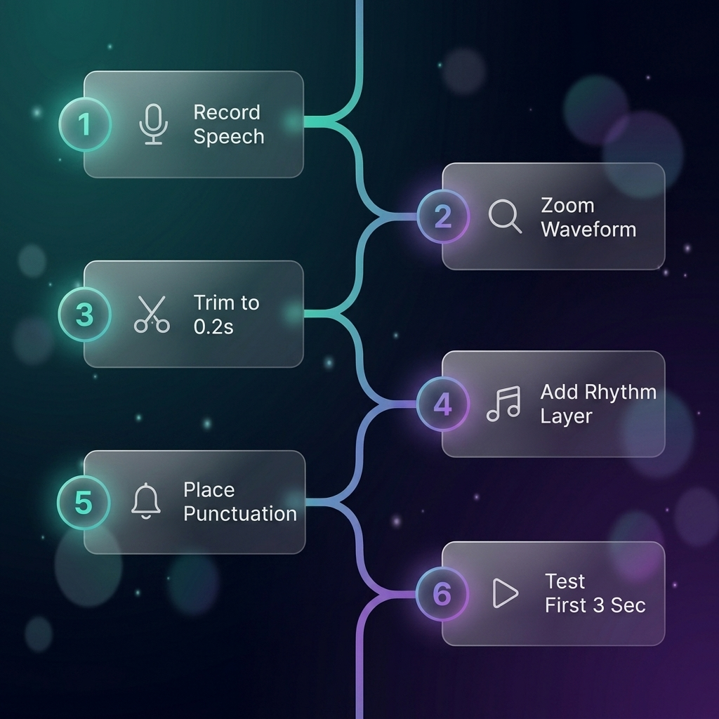 Visual guide illustrating the 6-step editing workflow for optimal YouTube Shorts audio pacing.