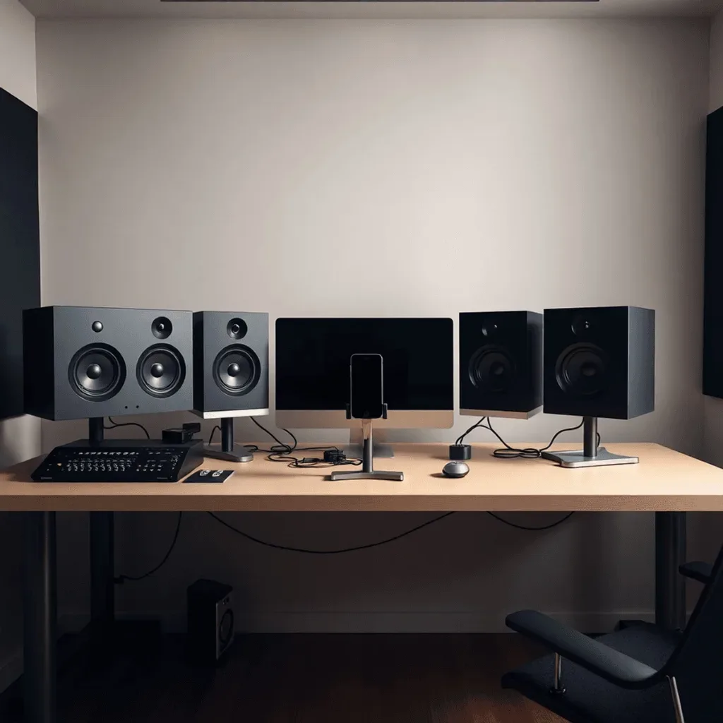 A producer's desk with studio monitors and a smartphone positioned as a reference speaker