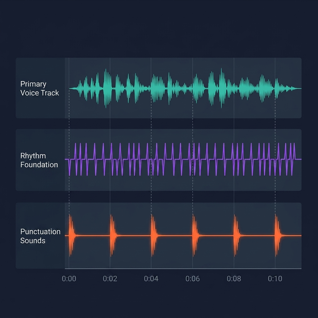 Diagram showing the three stacked audio layers (Voice, Rhythm, Punctuation) for viral Shorts pacing.