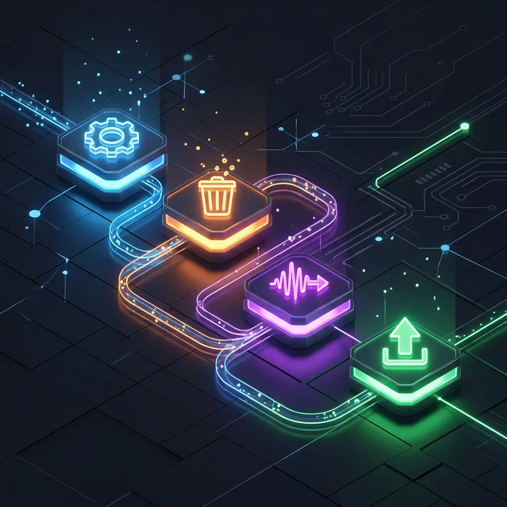 Isometric workflow diagram connecting device validation, permissions check, cache clean, downmix, and upload steps