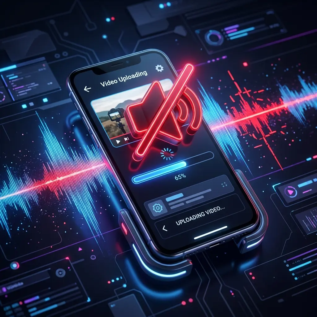 A smartphone screen showing a TikTok video upload process with a prominent crossed-out mute speaker icon