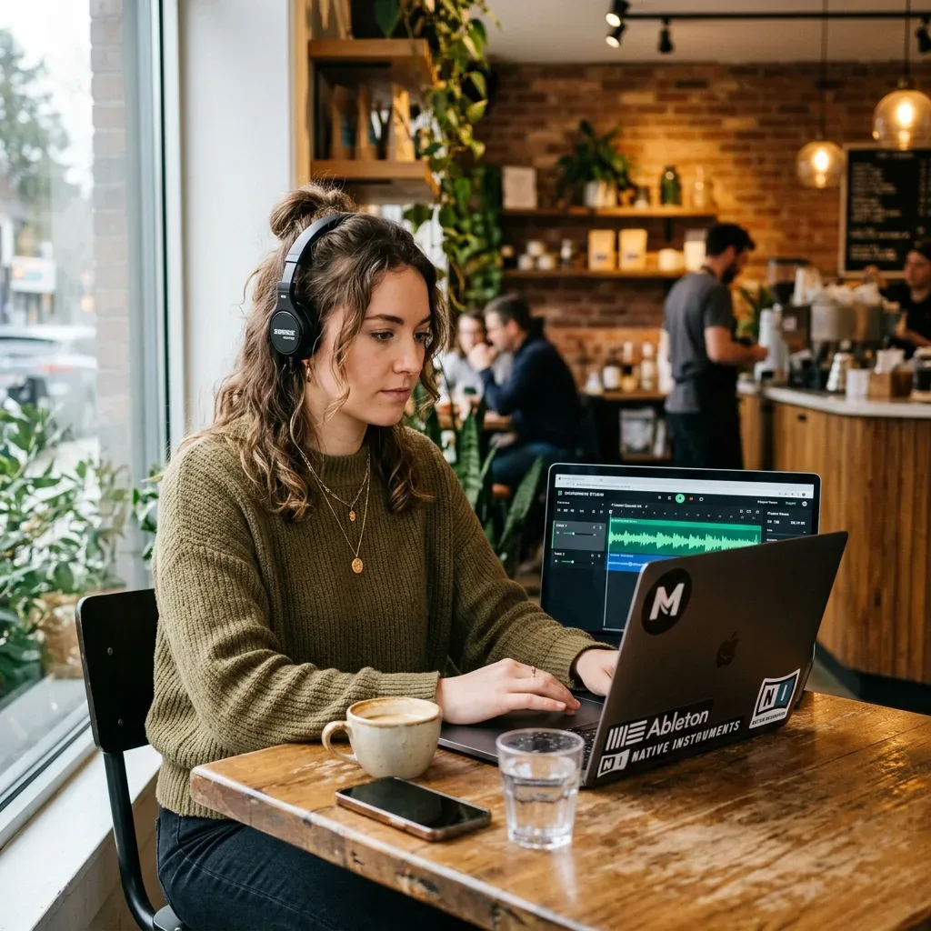 Content Creator using browser-based audio tools on a laptop