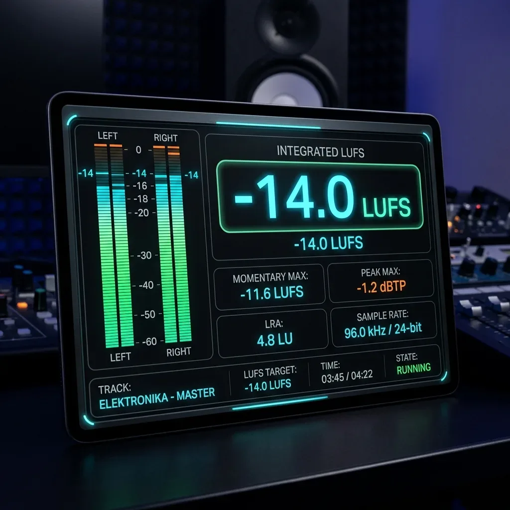 Digital LUFS Meter showing exactly -14 LUFS standard