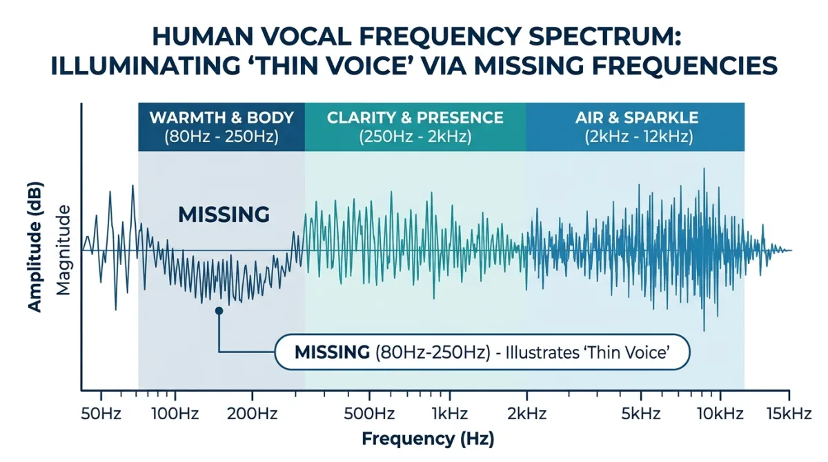 Educational diagram showing the vocal frequency spectrum and how AI thinning removes the warm 80-250Hz range.