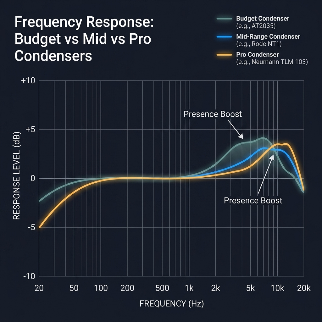 Frequency response comparison chart showing how different XLR condenser microphones translate across the vocal frequency spectrum.