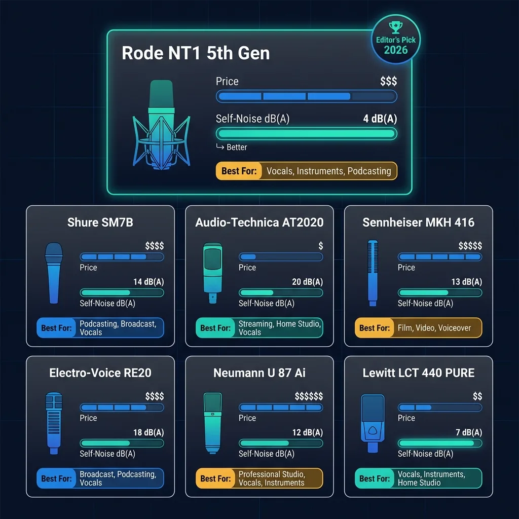 Best XLR condenser microphones for vocals compared by published self-noise, polar pattern, and use case