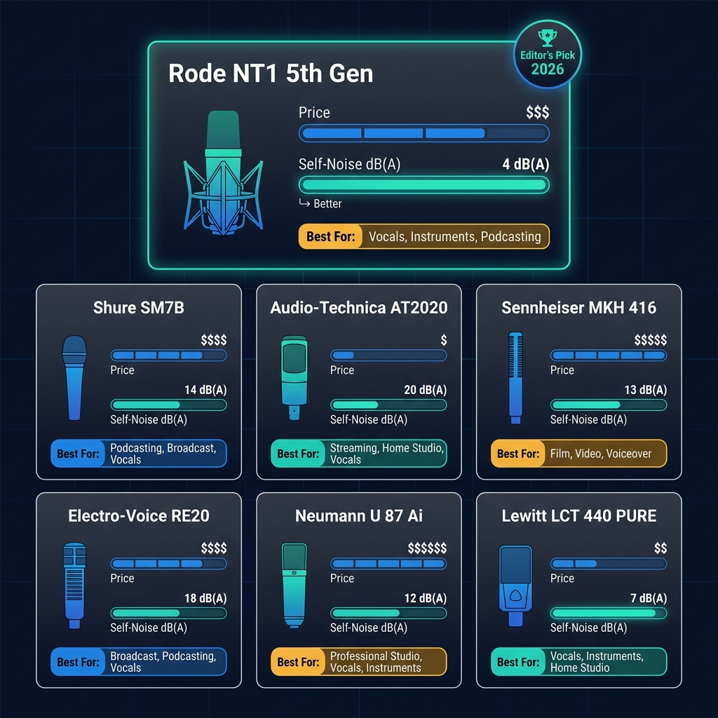 At-a-glance visual reference comparing all 7 XLR condenser microphones across key specs for 2026.