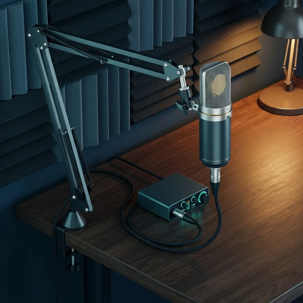 XLR condenser microphone on a boom arm with an audio interface and pop filter in a home studio recording setup.
