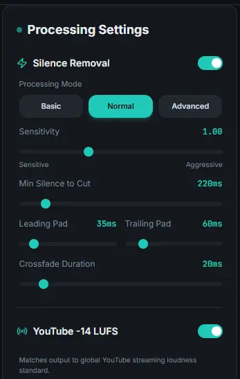 Settings panel configured for Normal (Default) Mode.