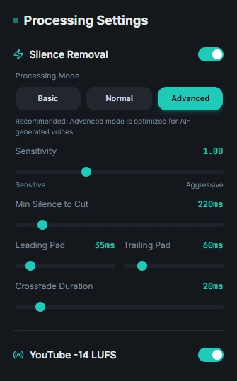 Settings panel configured for Advanced Mode.