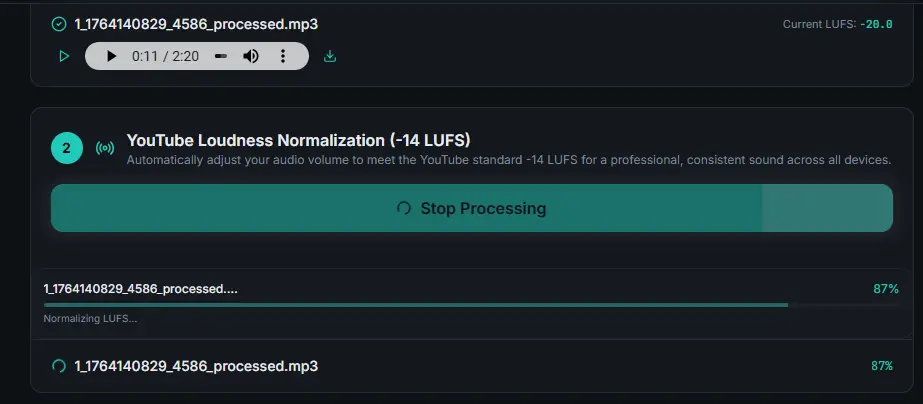 LUFS normalization processing in progress.