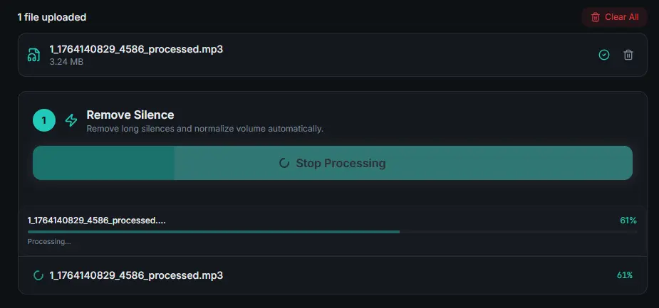 Silence remover processing bar and step-by-step progress.