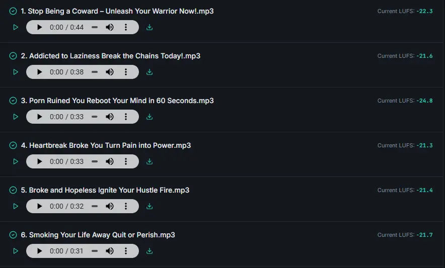 Batch results list with individual icons for play and download.