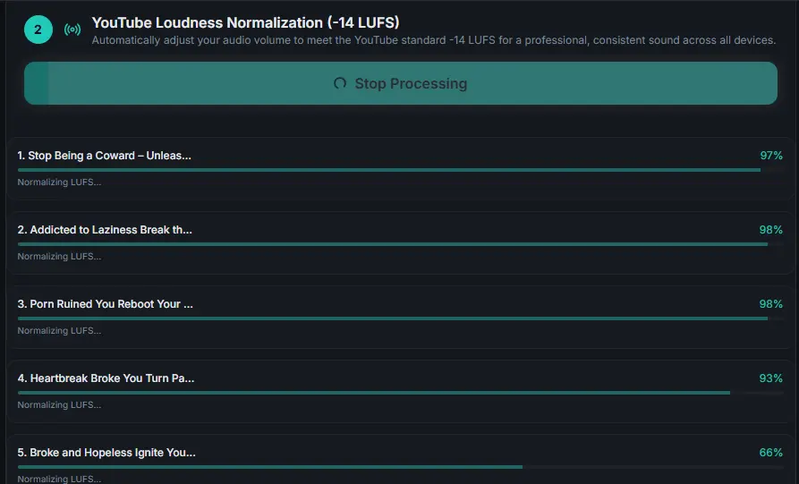 Real-time progress for batch LUFS normalization.